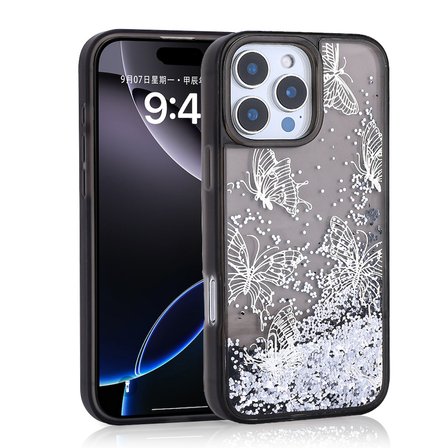 iPhone 14 Pro Max Kılıf Sıvılı Simli Kelebek Baskılı Şeffaf Arka Yüzey NRTK Glis Silikon Kapak - Siy