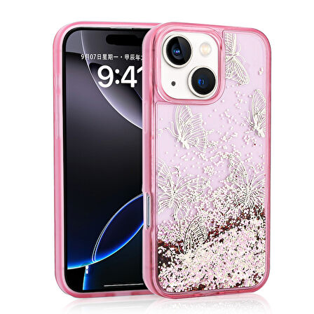 iPhone 15 Uyumlu Kılıf Sıvılı Simli Kelebek Baskılı Şeffaf Arka Yüzey Zore Glis Silikon Kapak-Pembe