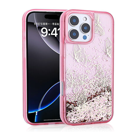 iPhone 15 Pro Max Kılıf Sıvılı Simli Kelebek Baskılı Şeffaf Arka Yüzey Glis Silikon Kapak