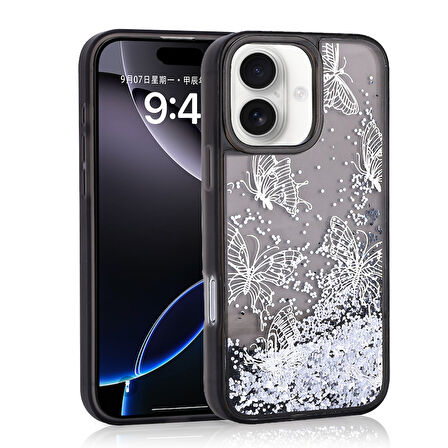 iPhone 16 Uyumlu Kılıf Sıvılı Simli Kelebek Baskılı Şeffaf Arka Yüzey Zore Glis Silikon Kapak-Siyah