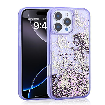 iPhone 16 Pro Max Kılıf Sıvılı Simli Kelebek Baskılı Şeffaf Arka Yüzey Glis Silikon Kapak