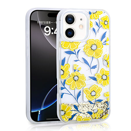 iPhone 11 Uyumlu Kılıf Sıvılı Simli Baskılı Şeffaf Arka Yüzey Zore Mossa Silikon Kapak-Sarı