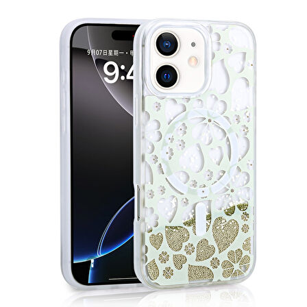 iPhone 11 Uyumlu Kılıf Sıvılı Simli Baskılı Şeffaf Arka Yüzey Zore Mossa Silikon Kapak-Gold