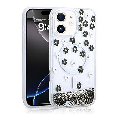 iPhone 11 Uyumlu Kılıf Sıvılı Simli Baskılı Şeffaf Arka Yüzey Zore Mossa Silikon Kapak-Siyah
