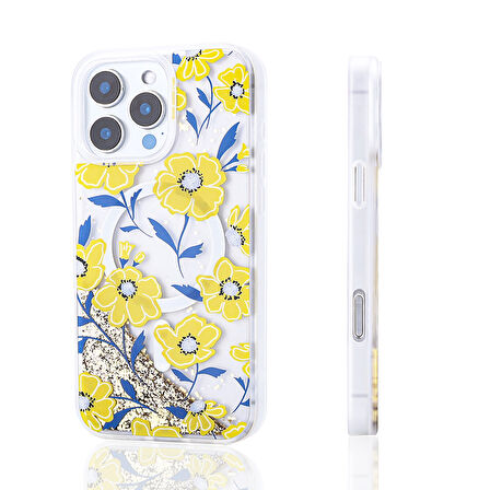 iPhone 14 Pro Max Uyumlu Kılıf Sıvılı Simli Baskılı Şeffaf Arka Yüzey Zore Mossa Silikon Kapak-Gold