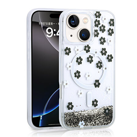 iPhone 15 Kılıf Sıvılı Simli Baskılı Şeffaf Arka Yüzey Mossa Silikon Kapak