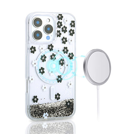 iPhone 15 Pro Max Uyumlu Kılıf Sıvılı Simli Baskılı Şeffaf Arka Yüzey Zore Mossa Silikon Kapak-Sarı