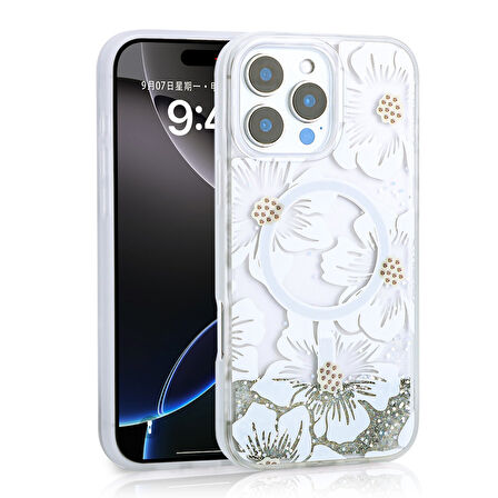 iPhone 15 Pro Max Uyumlu Kılıf Sıvılı Simli Baskılı Şeffaf Arka Yüzey Zore Mossa Silikon Kapak-Gri