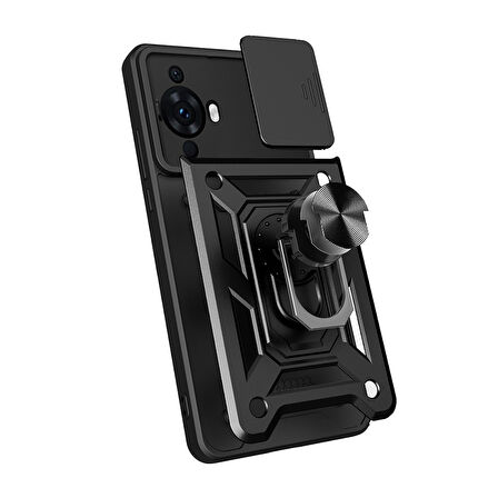 Huawei Nova 12S Uyumlu Kılıf Magnetik Standlı Kamera Korumalı Zore Sürgülü Vega Kapak-Siyah