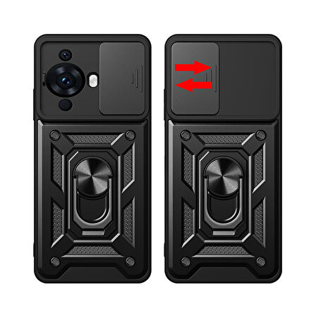 Huawei Nova 12S Uyumlu Kılıf Magnetik Standlı Kamera Korumalı Zore Sürgülü Vega Kapak-Siyah