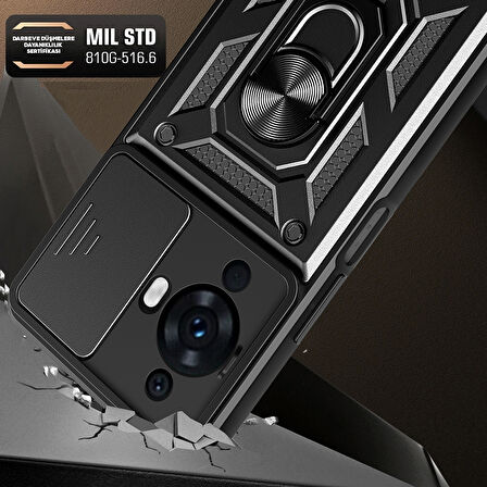 Huawei Nova 12S Uyumlu Kılıf Magnetik Standlı Kamera Korumalı Zore Sürgülü Vega Kapak-Siyah