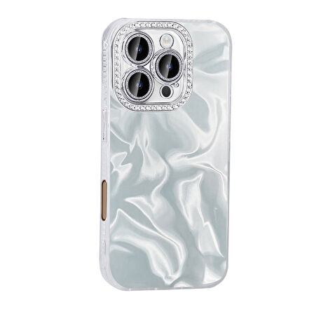 iPhone 16 Pro Max Uyumlu Kılıf Airbagli Parlak Taş Detay Tasarımlı Zore Esila Kapak-Beyaz