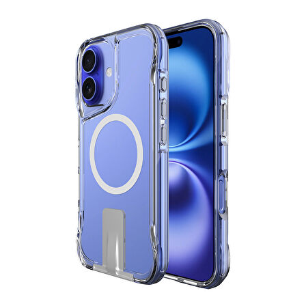 iPhone 16 Uyumlu Kılıf Magsafe Şarj Özellikli Zore T-Max Standlı Kapak-Şeffaf