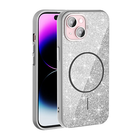 iPhone 15 Kılıf Magsafe Şarj Özellikli Parlayan Simli Okso Kapak