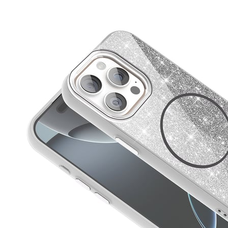 iPhone 15 Pro Kılıf Magsafe Şarj Özellikli Parlayan Simli NRTK Okso Kapak - Gold