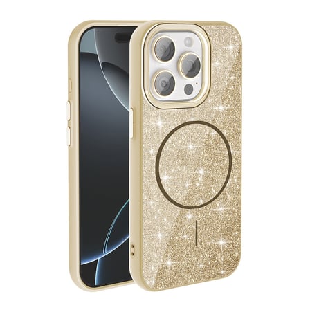 iPhone 15 Pro Max Kılıf Magsafe Şarj Özellikli Parlayan Simli NRTK Okso Kapak - Gold