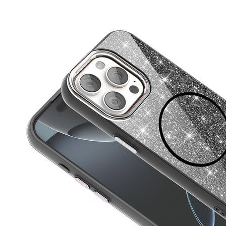 iPhone 15 Pro Max Kılıf Magsafe Şarj Özellikli Parlayan Simli NRTK Okso Kapak - Gold
