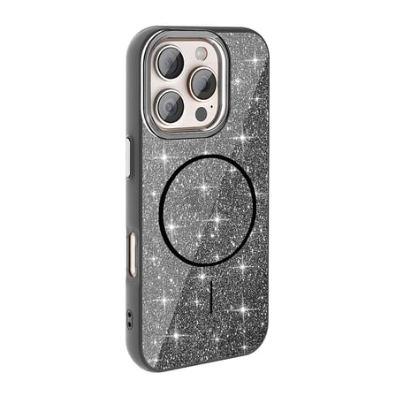 iPhone 16 Pro Max Kılıf Magsafe Şarj Özellikli Parlayan Simli NRTK Okso Kapak - Siyah