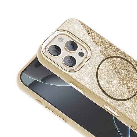 iPhone 16 Pro Max Kılıf Magsafe Şarj Özellikli Parlayan Simli NRTK Okso Kapak - Gold