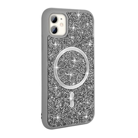 iPhone 11 Kılıf Pırlanta Tasarımlı Magsafe Şarj Özellikli Zore Mozaik Silikon Kapak - Titanyum-Gri