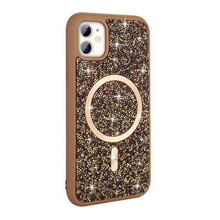 iPhone 11 Kılıf Pırlanta Tasarımlı Magsafe Şarj Özellikli Zore Mozaik Silikon Kapak - Titanyum-Gri