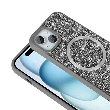 iPhone 14 Kılıf Pırlanta Tasarımlı Magsafe Şarj Özellikli Zore Mozaik Silikon Kapak - Titanyum-Gri