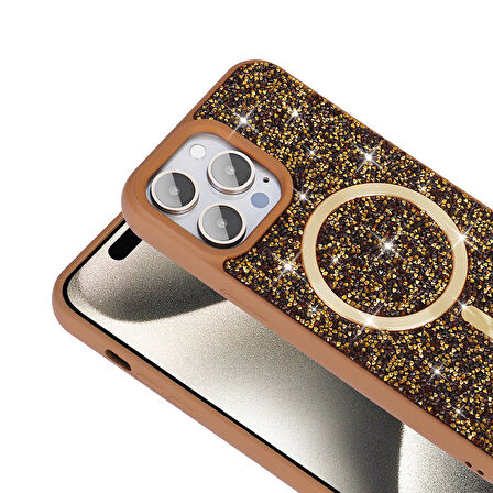 iPhone 14 Pro Max Kılıf Pırlanta Tasarımlı Magsafe Şarj Özellikli Zore Mozaik Silikon Kapak - Desert
