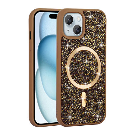 iPhone 15 Kılıf Pırlanta Tasarımlı Magsafe Şarj Özellikli Zore Mozaik Silikon Kapak - Titanyum-Gri