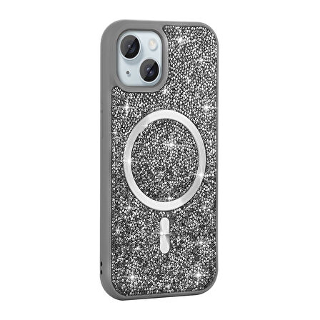 iPhone 15 Plus Kılıf Pırlanta Tasarımlı Magsafe Şarj Özellikli Zore Mozaik Silikon Kapak - Siyah