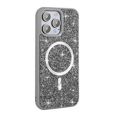 iPhone 15 Pro Kılıf Pırlanta Tasarımlı Magsafe Şarj Özellikli Zore Mozaik Silikon Kapak - Titanyum-G