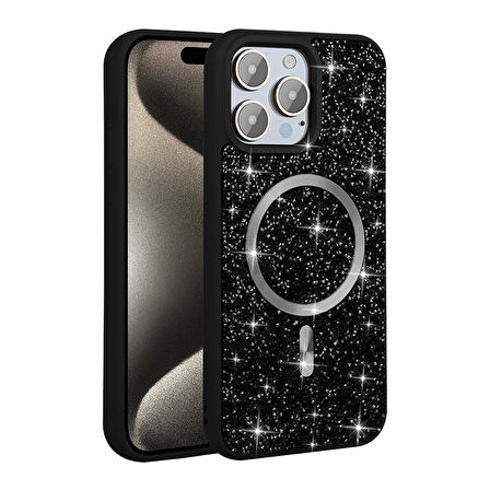 iPhone 15 Pro Max Kılıf Pırlanta Tasarımlı Magsafe Şarj Özellikli Zore Mozaik Silikon Kapak - Siyah
