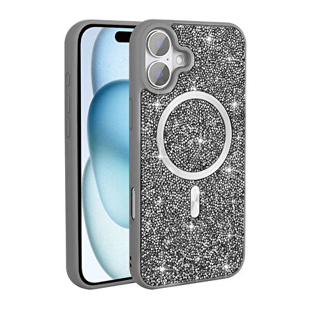 iPhone 16 Pro Kılıf Pırlanta Tasarımlı Magsafe Şarj Özellikli Zore Mozaik Silikon Kapak - Titanyum-G