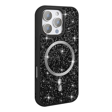 iPhone 16 Pro Max Kılıf Pırlanta Tasarımlı Magsafe Şarj Özellikli Zore Mozaik Silikon Kapak - Siyah