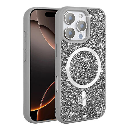 iPhone 16 Pro Max Kılıf Pırlanta Tasarımlı Magsafe Şarj Özellikli Zore Mozaik Silikon Kapak - Siyah
