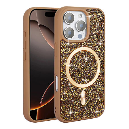 iPhone 16 Pro Max Kılıf Pırlanta Tasarımlı Magsafe Şarj Özellikli Zore Mozaik Silikon Kapak - Titany