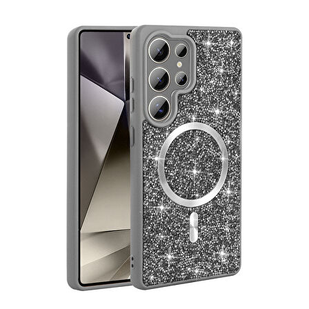 Galaxy S25 Ultra Kılıf Pırlanta Tasarımlı Magsafe Şarj Özellikli Zore Mozaik Silikon Kapak - Siyah