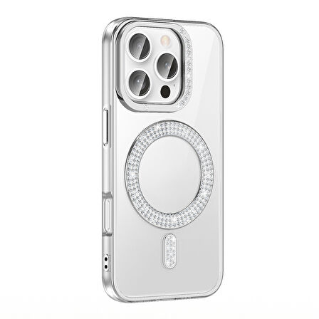 iPhone 16 Pro Max Kılıf Pırlanta Taş Tasarımlı Kablosuz Şarj Özellikli Karetta Silikon Kapak