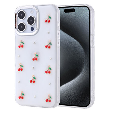 iPhone 15 Pro Max Kılıf Airbag Tasarımlı Simli Şeffaf Zore Kutup Kapak - Kiraz