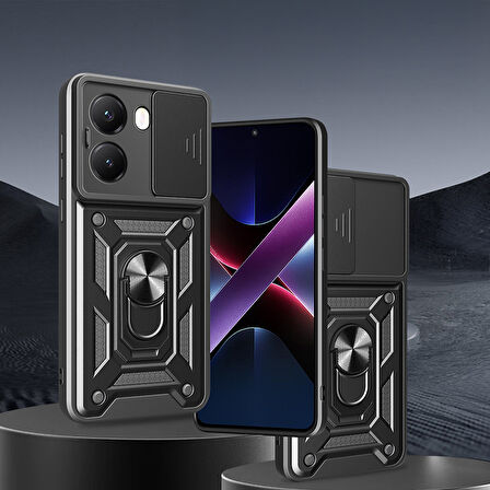 Poco X7 Pro Kılıf Magnetik Standlı Kamera Korumalı HGEA Sürgülü Vega Kapak - Mavi