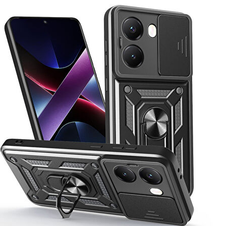 Poco X7 Pro Kılıf Magnetik Standlı Kamera Korumalı KLFS Sürgülü Vega Kapak - Mavi