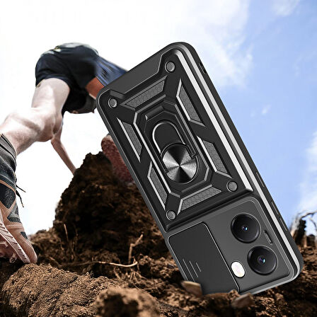 Poco X7 Pro Kılıf Magnetik Standlı Kamera Korumalı KLFS Sürgülü Vega Kapak - Mavi