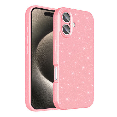 iPhone 16 Kılıf Kamera Korumalı Simli Lüks F10T Koton Kapak - Açık Pembe
