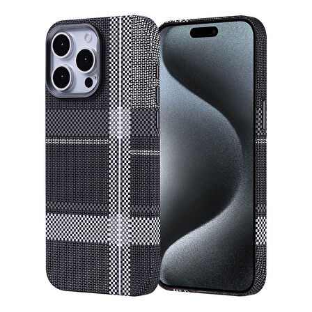 iPhone 15 Pro Max Kılıf Magsafe Şarj Özellikli Karbon Fiber Görünümlü Zore Nekst Kapak - Gri-Siyah