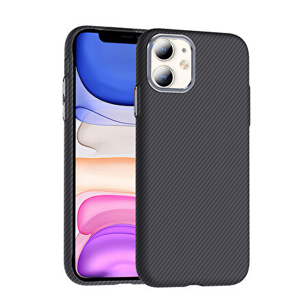 iPhone 11 Kılıf Magsafe Şarj Özellikli Karbon Fiber Görünümlü EFFX Gros Kapak - Gri-Siyah