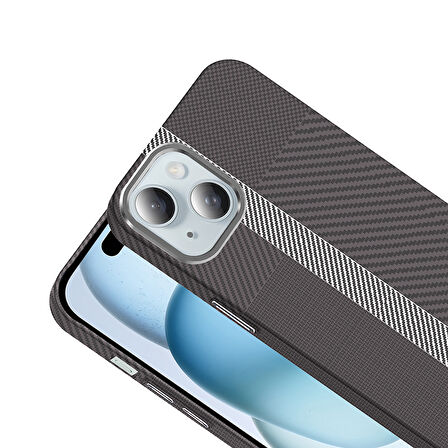 iPhone 15 Kılıf Magsafe Şarj Özellikli Karbon Fiber Görünümlü MBTM Gros Kapak - Siyah-Lacivert