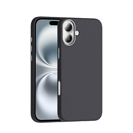 iPhone 16 Kılıf Kablosuz Şarj Özellikli Karbon Fiber Görünümlü Gros Kapak