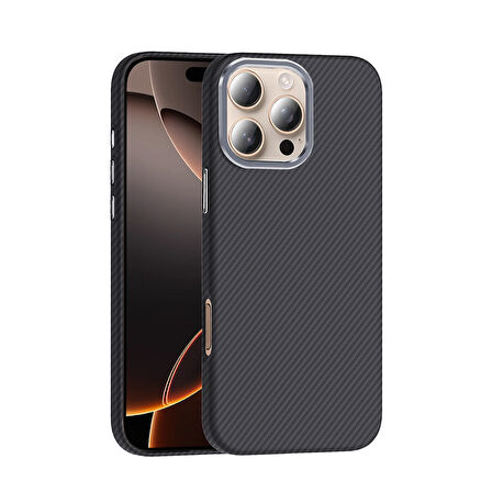 iPhone 16 Pro Max Kılıf Magsafe Şarj Özellikli Karbon Fiber Görünümlü BTO Gros Kapak - Siyah