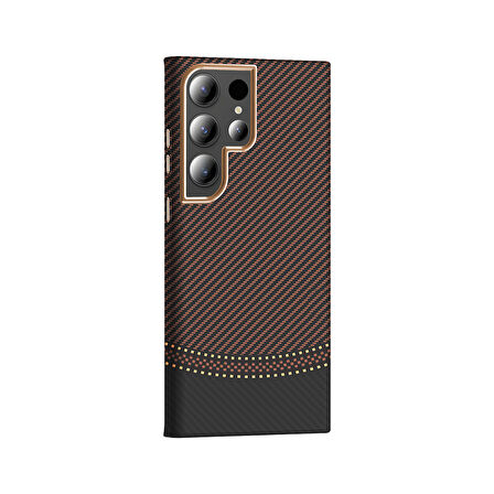 Galaxy S23 Ultra Kılıf M-safe Şarj Özellikli Karbon Fiber Görünümlü BTBM Gros Kapak - Gold-Siyah
