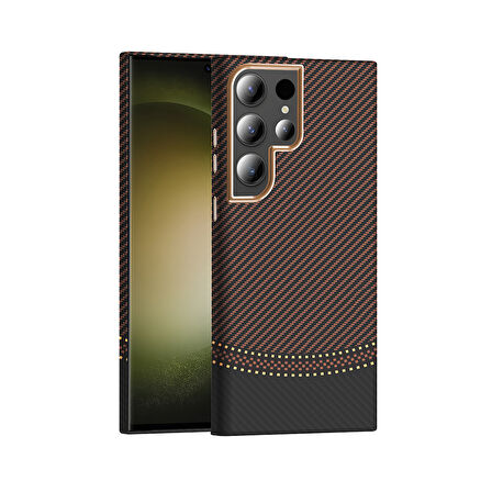 Galaxy S23 Ultra Kılıf M-safe Şarj Özellikli Karbon Fiber Görünümlü HGEA Gros Kapak - Gold-Siyah