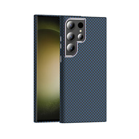 Galaxy S23 Ultra Kılıf M-safe Şarj Özellikli Karbon Fiber Görünümlü BLT Gros Kapak - Lacivert